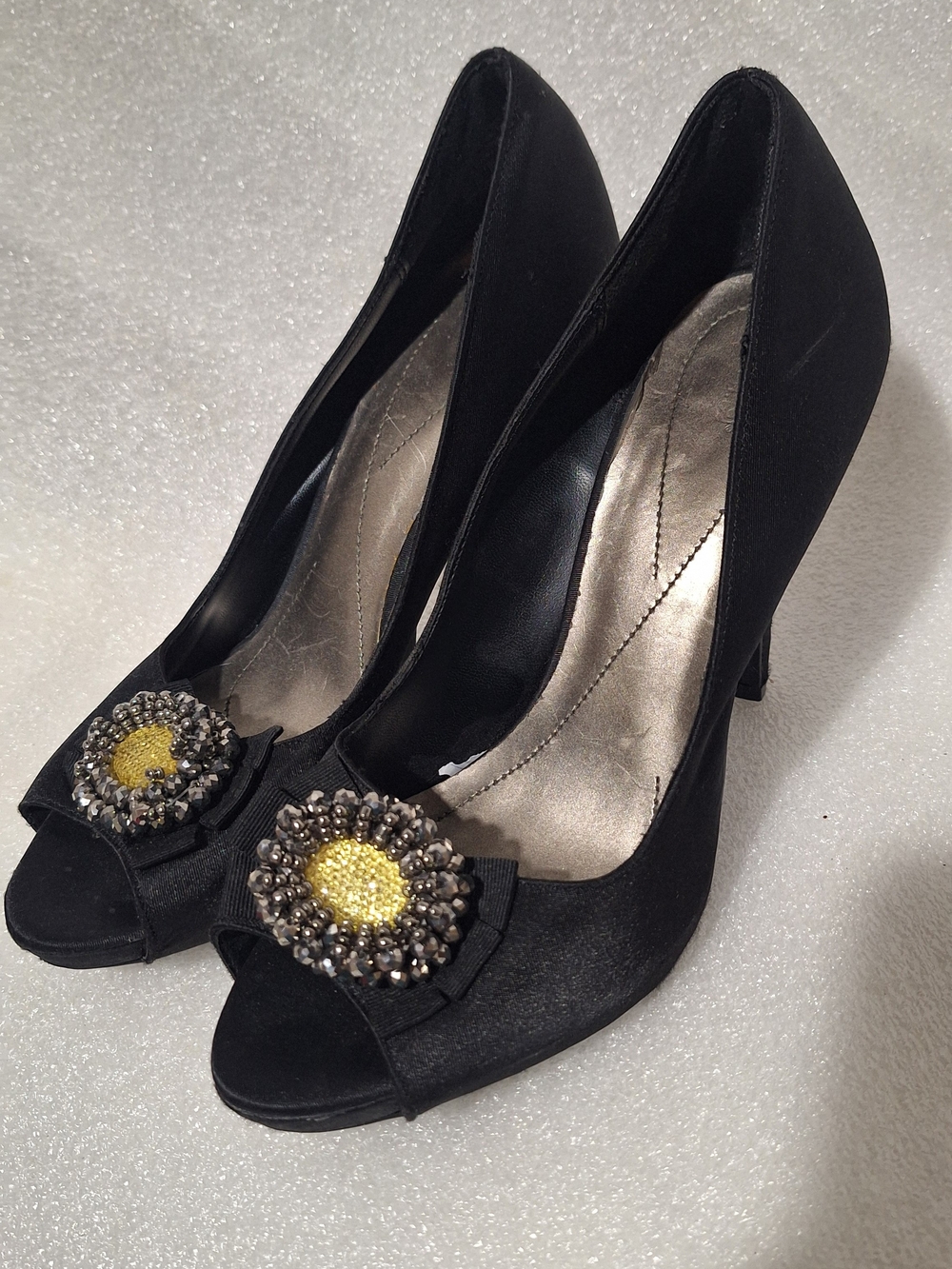 Women's Black Peep-Toe Heels with Decorative Embellishment